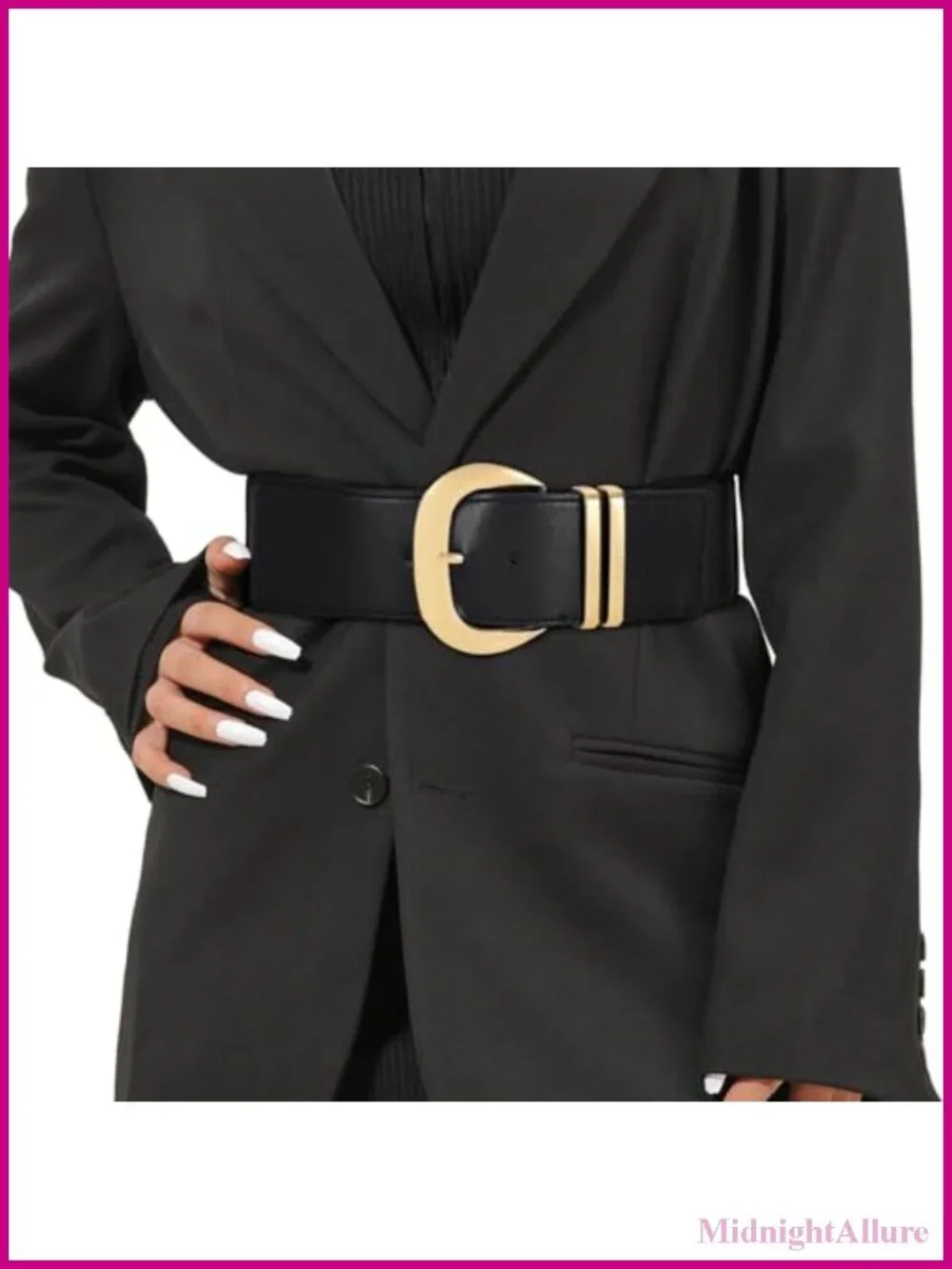 Wide Elastic Waist Belt for Dresses with Gold Buckle Stretchy PU Leather